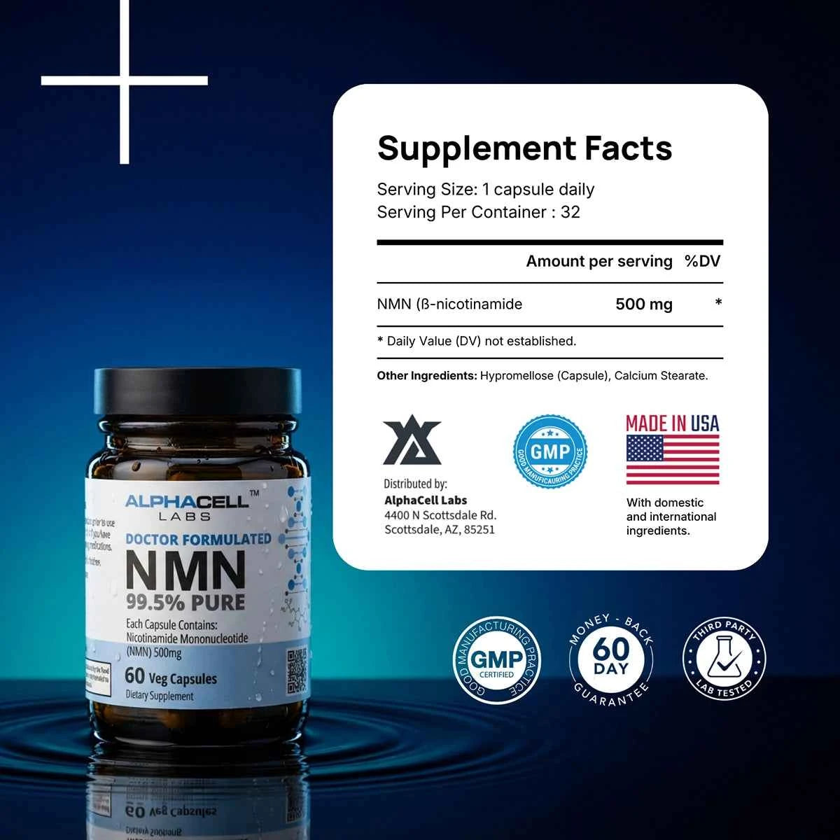 AlphaCell NMN 500mg capsules and Supplement Facts product image