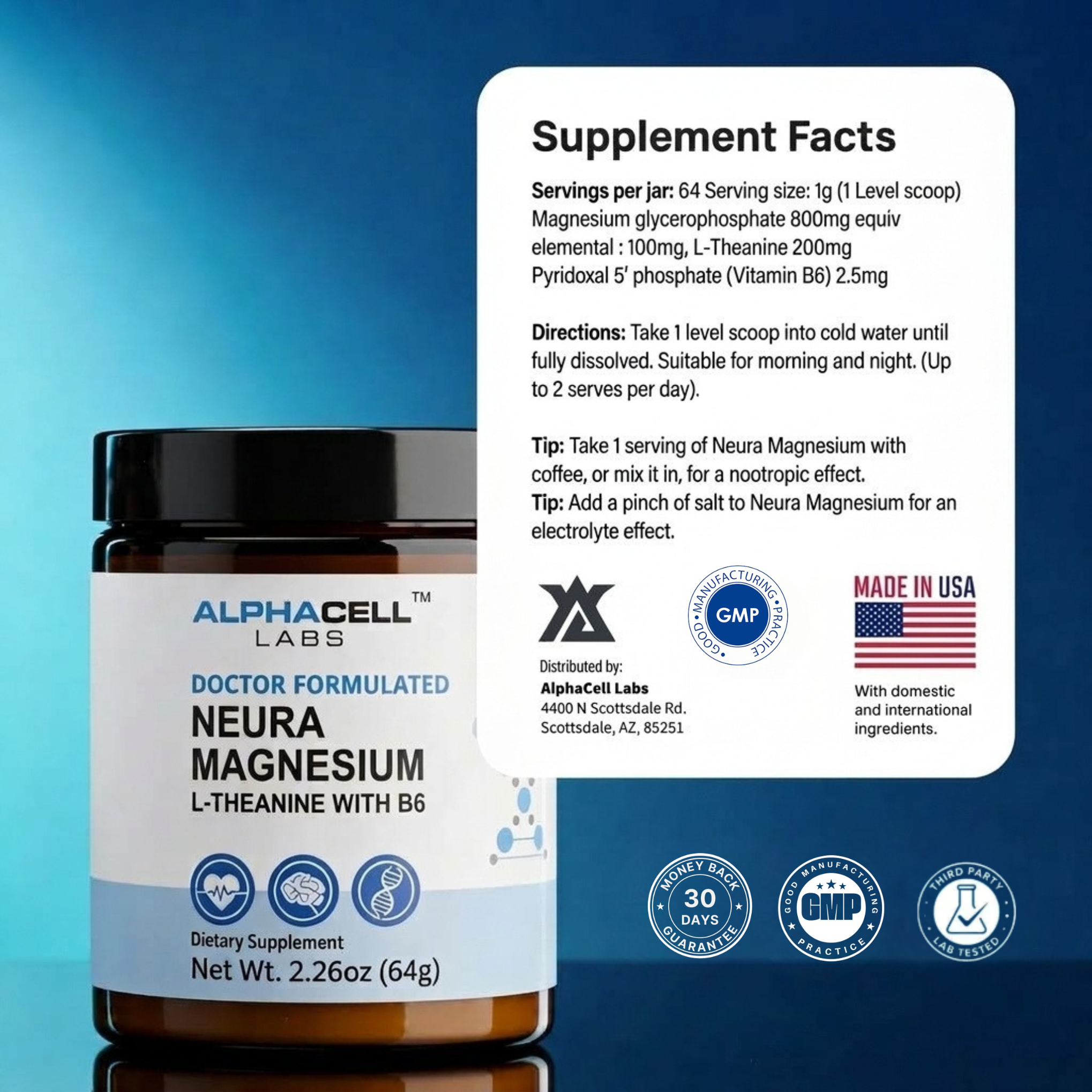 Alphacell Labs Doctor Formulated Neura Magnesium L-Theanine with B6 dietary supplement bottle shown next to a white Supplement Facts label on a blue gradient background.