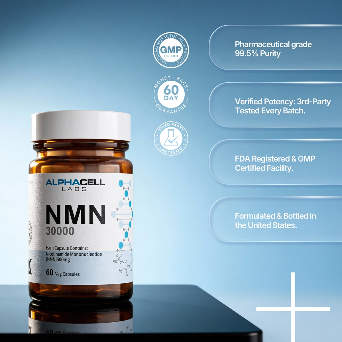 A bottle of Alphacell Labs NMN 500mg