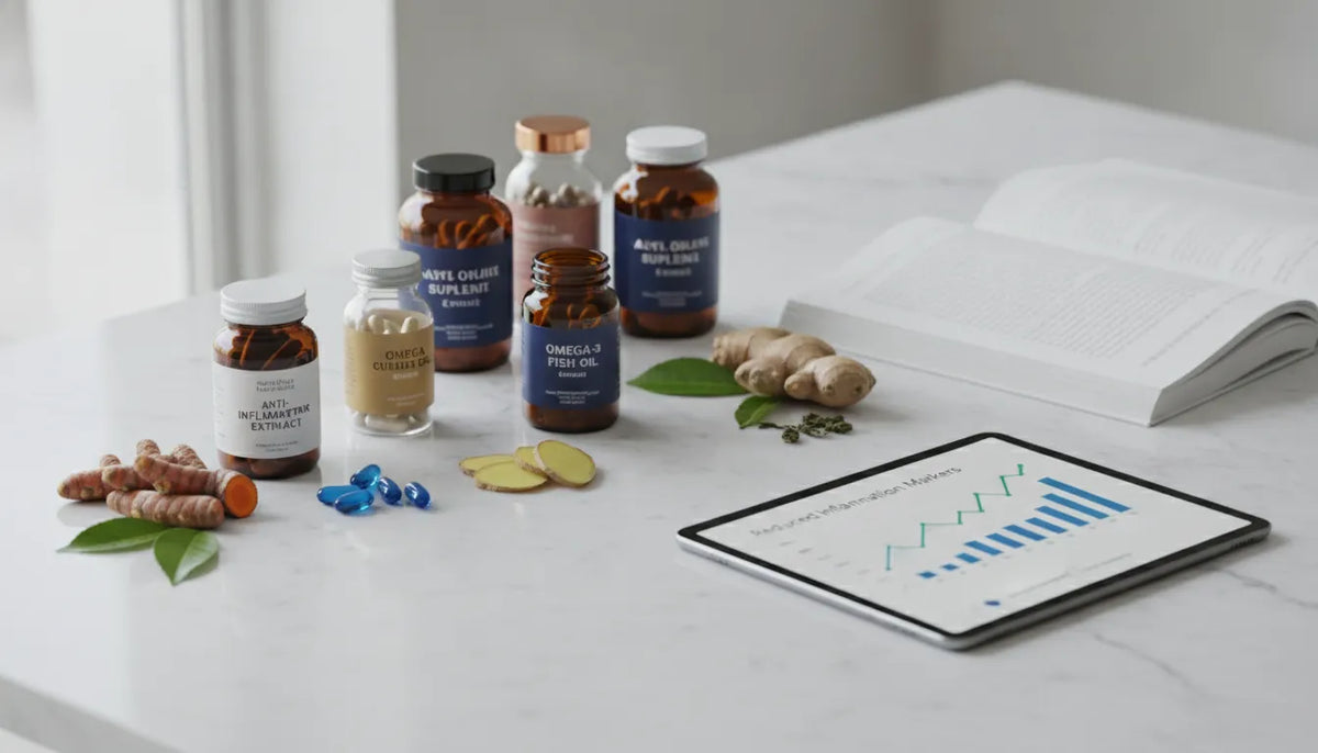 Omega-3, curcumin, and ginger anti-inflammatory supplements with capsules and a chart.