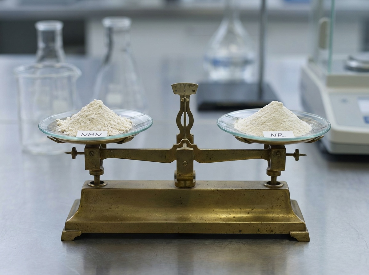 A photorealistic image of a balance scale weighing NMN and NR powder, representing the comparison between the two NAD+ precursors.