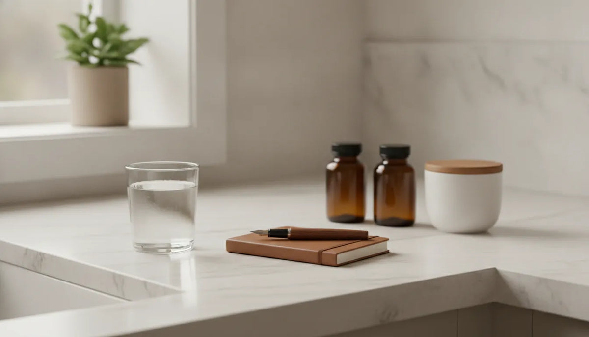 Glass of water, a notebook, and plain supplement bottles on a quiet morning counter