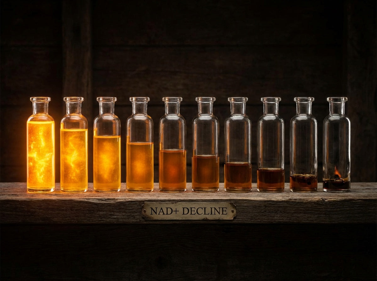 A photorealistic image of a row of vials showing a glowing liquid diminishing over time, symbolizing the decline of NAD+ with age.