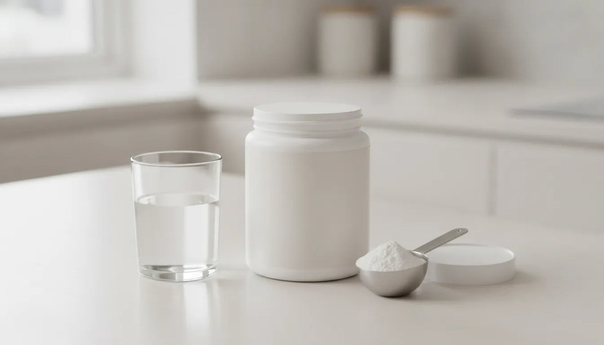 White powder tub on a kitchen counter beside a glass of water and a metal scoop of powder