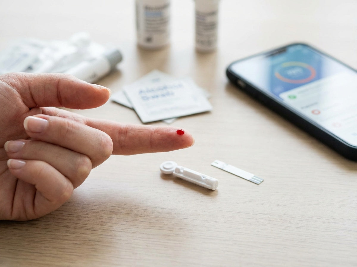 A photorealistic image of an at-home blood test being performed, representing how to test biomarkers to see if supplements are working.