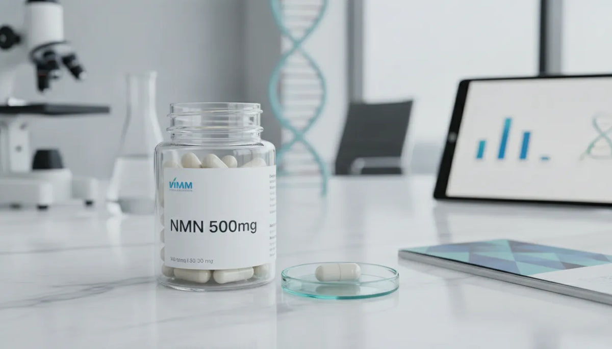 Bottle of NMN 500mg capsules on a laboratory table.