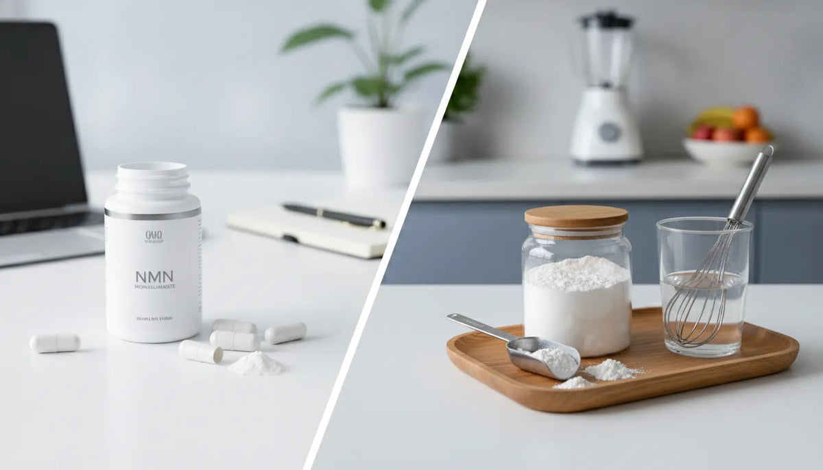 NMN capsules vs. NMN powder with supplement containers and a mixing glass.