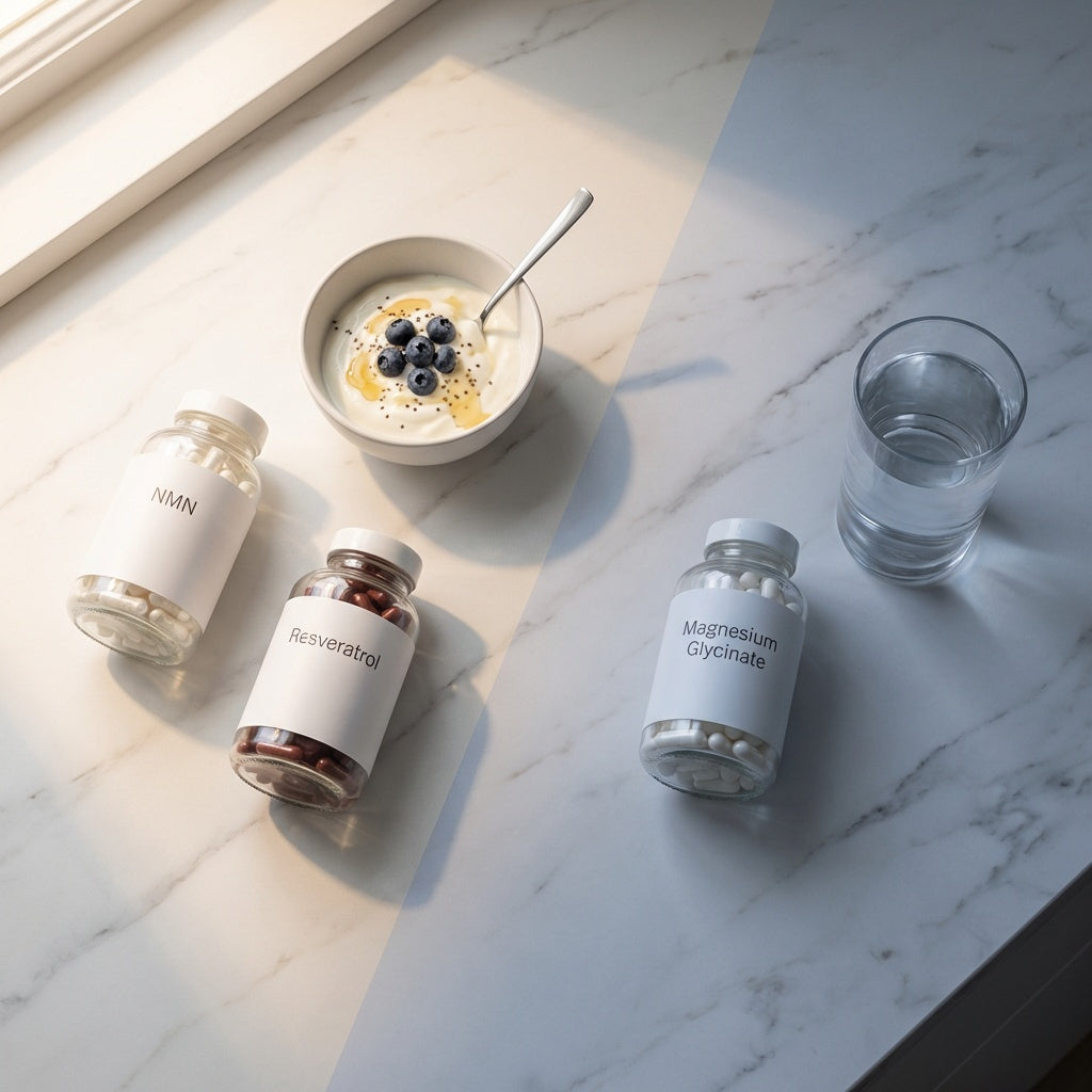 A flat lay showing the timing protocol for the longevity stack: NMN and Resveratrol in the morning, and Magnesium in the evening.