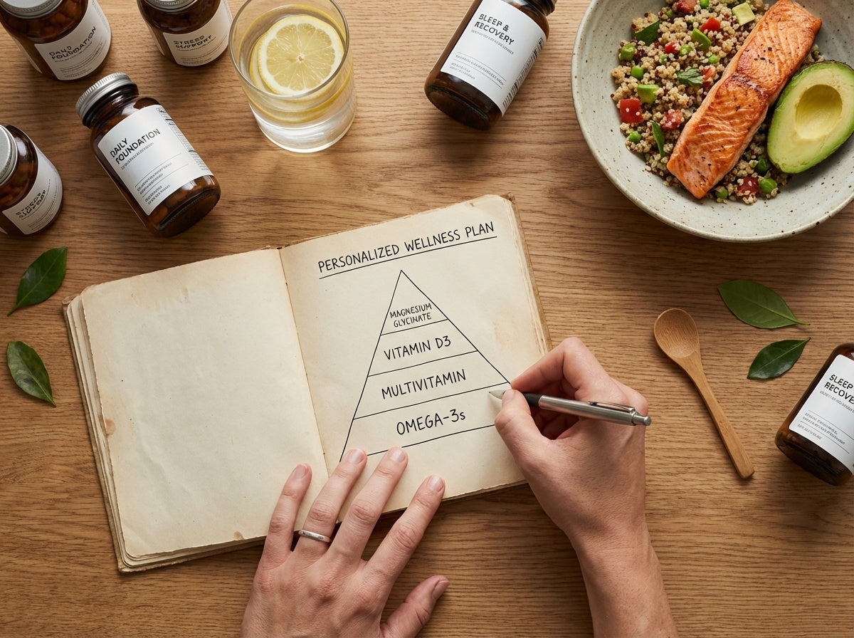 A photorealistic top-down view of a person planning their personalized longevity supplement protocol in a journal.