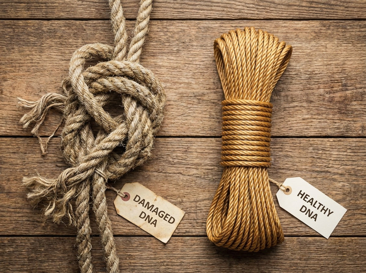 A photorealistic image comparing a knotted old rope to a pristine new rope, symbolizing the role of sirtuins in maintaining DNA integrity for longevity.