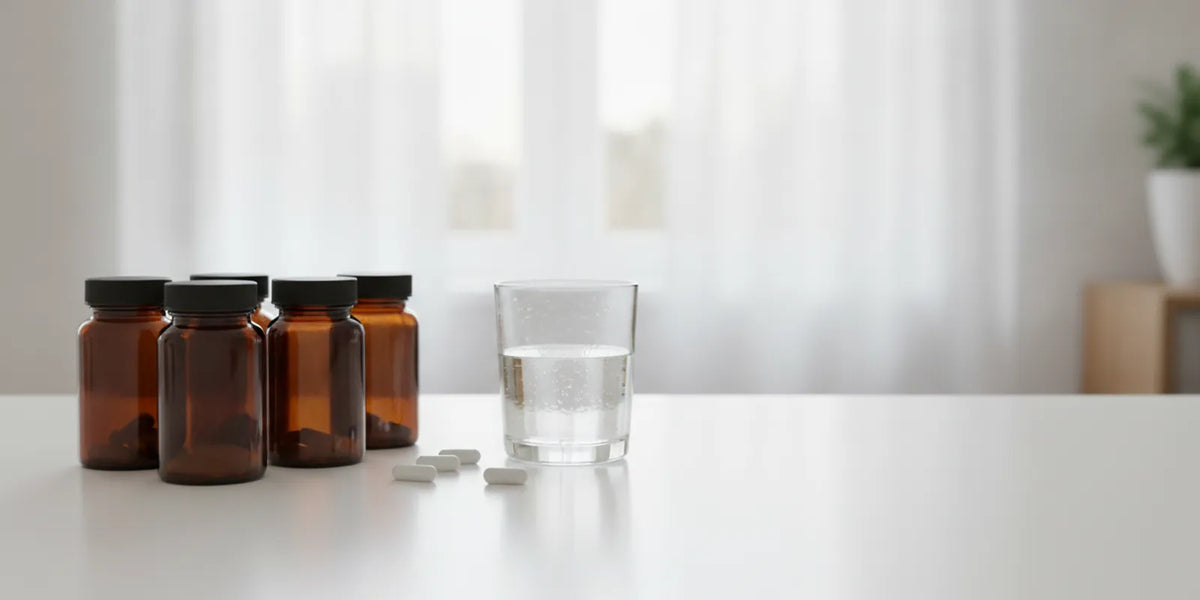 Supplement bottles and a glass of water arranged on a clean kitchen counter