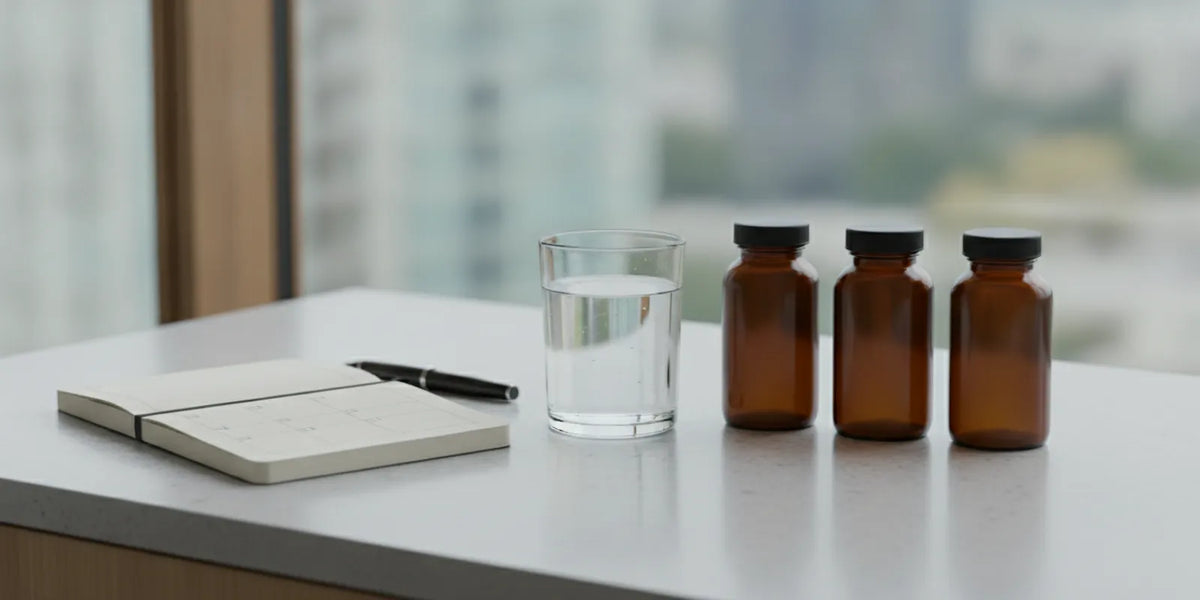 Supplement containers beside a notebook and glass of water on a calm tabletop