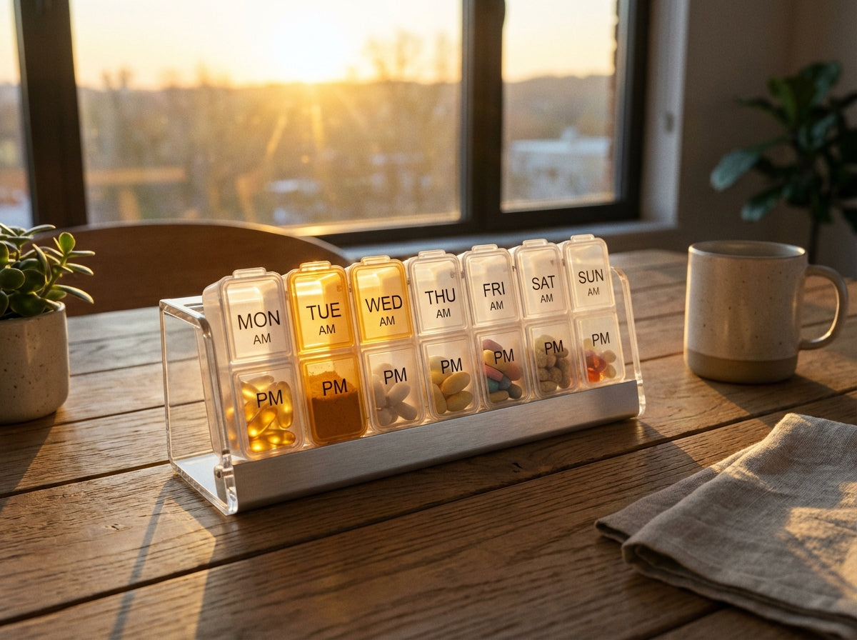 A photorealistic image of a weekly pill organizer, representing a guide on when to take longevity supplements for optimal timing.