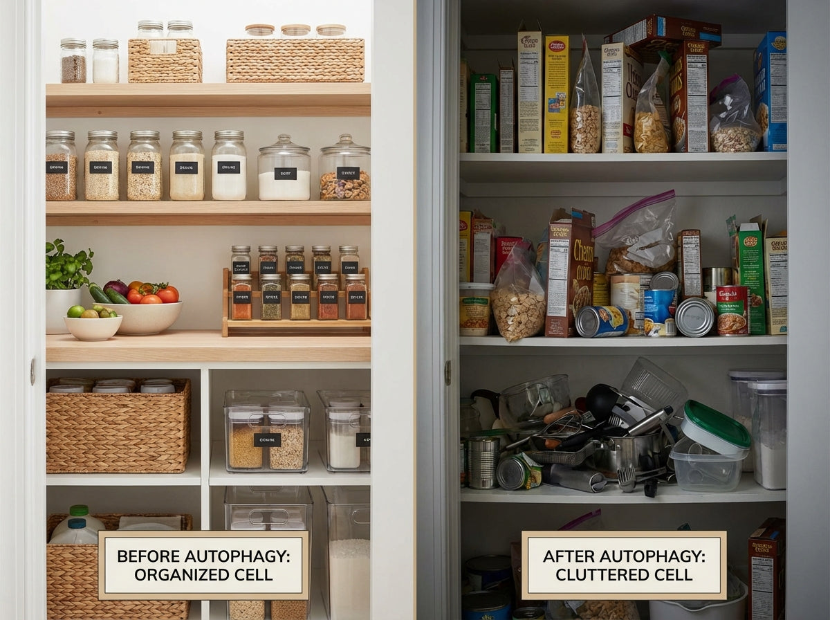 A photorealistic image comparing a clean, organized pantry to a cluttered one, symbolizing the cellular cleanup process of autophagy.