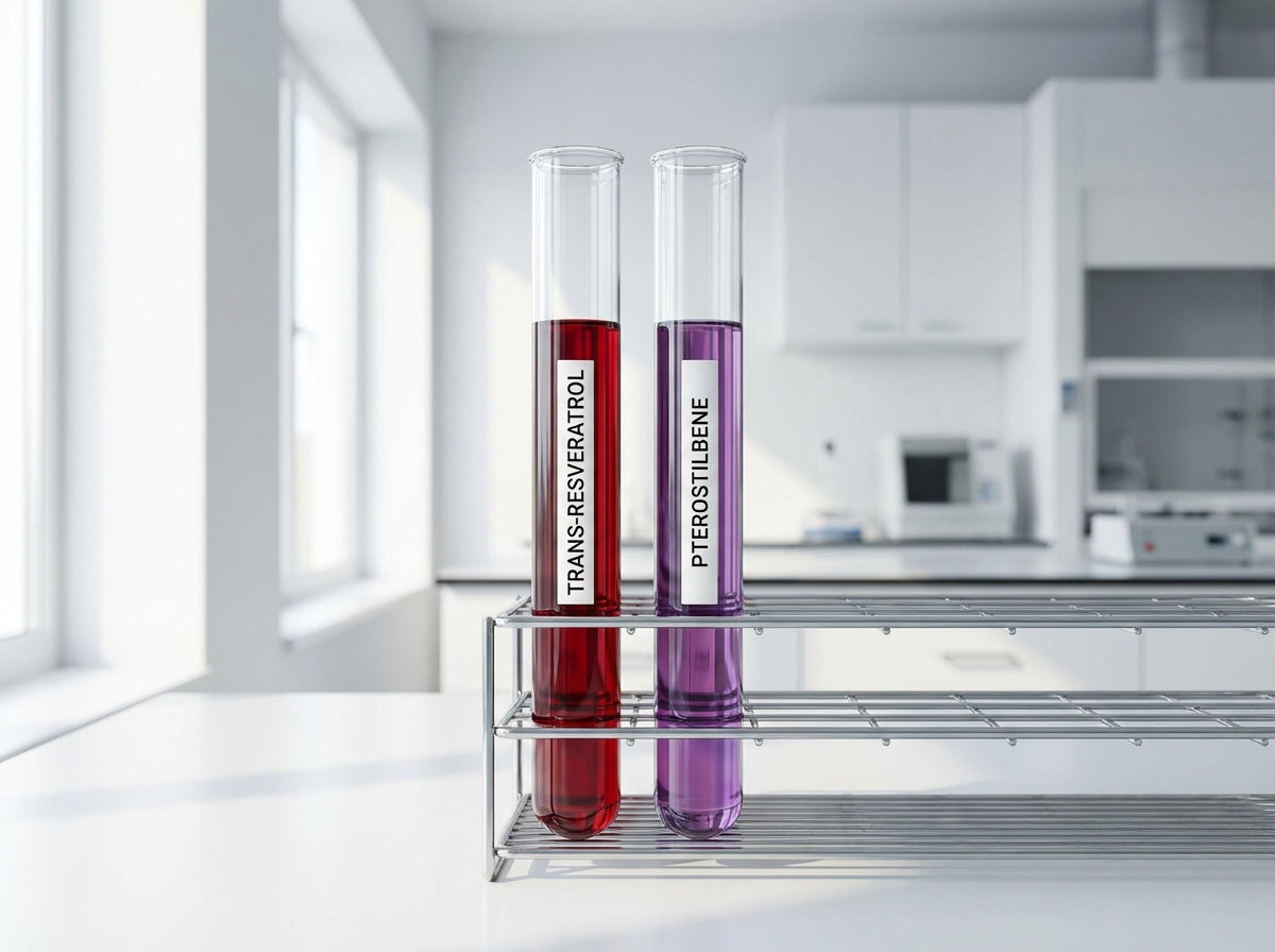 A photorealistic image comparing the colors of trans-resveratrol and pterostilbene solutions in two glass beakers.