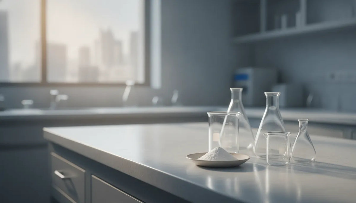 Clear glass beakers and a dish of fine powder on a sunlit lab bench