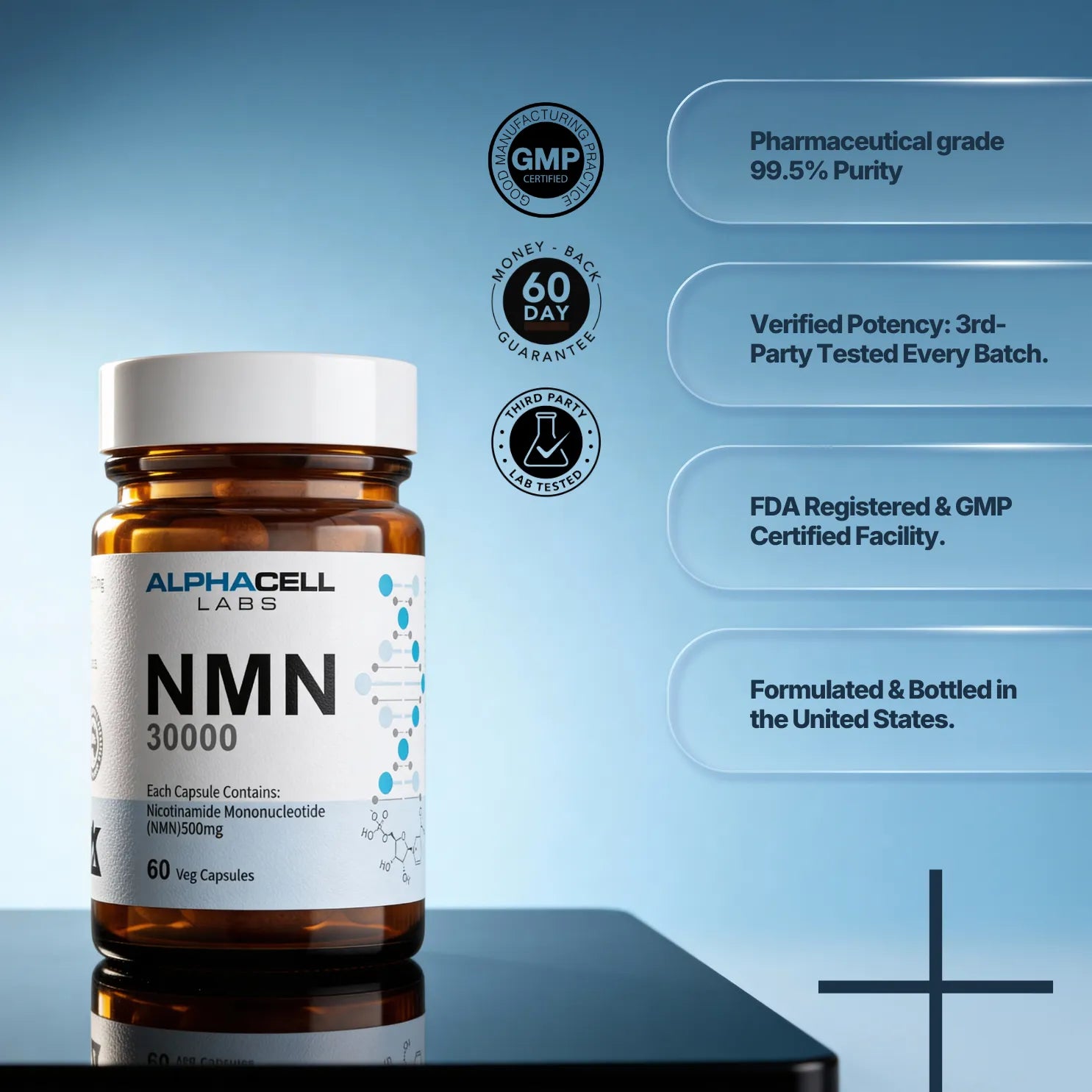 NMN - 99.5% Purity (60 Veg Caps) 500mg