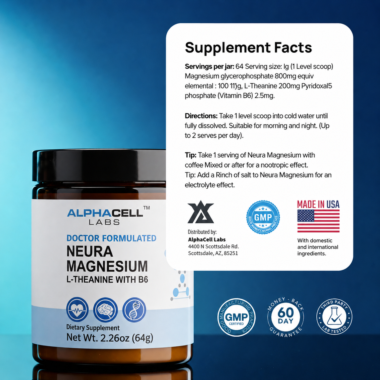 Alphacell Labs Doctor Formulated Neura Magnesium L-Theanine supplement bottle shown next to a white supplement facts panel on a blue gradient background.
