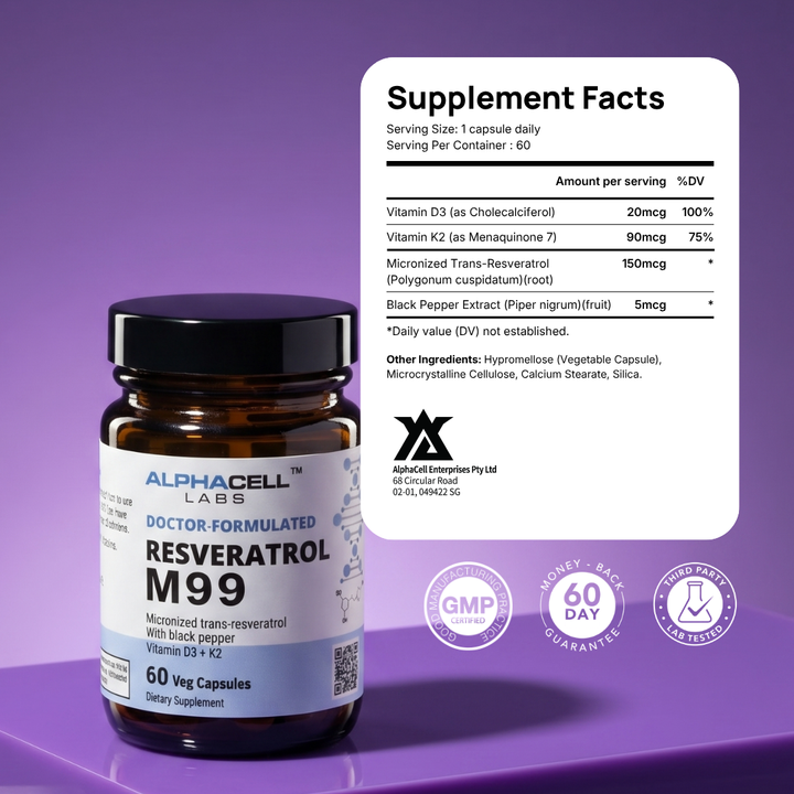 Micronized Resveratrol (99% Pure) Transresveratrol, With Black Pepper, D3 and K2 - AlphaCell Labs